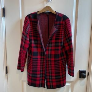 TALBOTS Red Black Gray Plaid Long Open Front Long Sleeve Cardigan with Pockets!